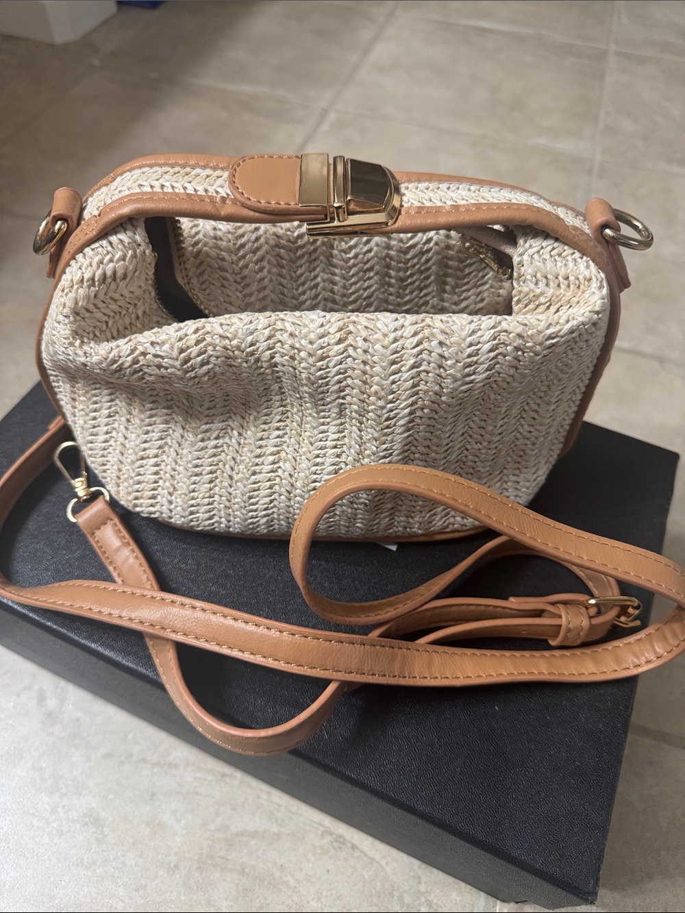 Woven Straw Crossbody Bag with Tan Trim